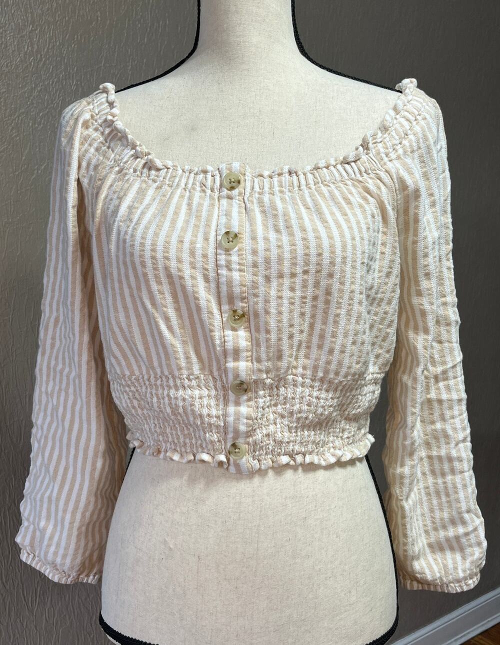 Aeropostale Crop Top Large Women's Striped Baby Doll Smocked Cottagecore Beige